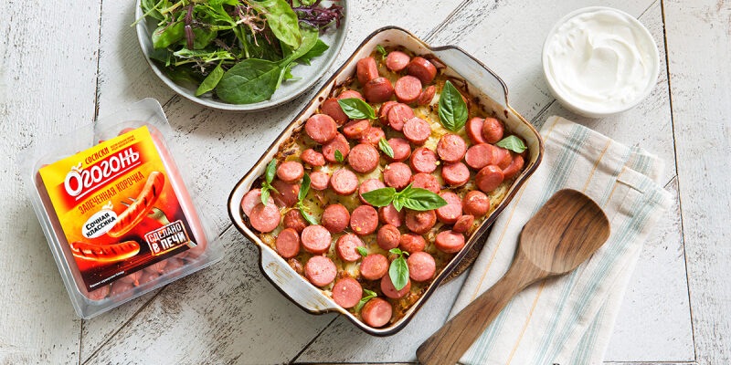 Картофельная запеканка с сосисками и халуми, пошаговый рецепт с фото на 573 ккал